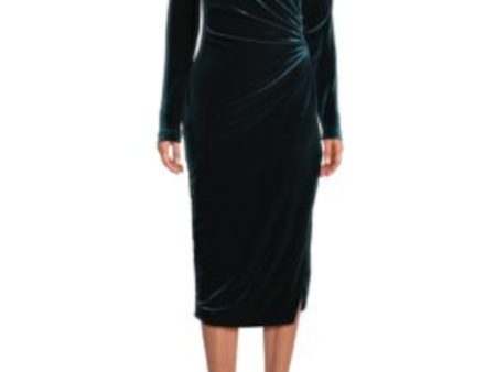 DONNA KARAN NEW YORK Womens Green Zippered Ruched Lined Long Sleeve Asymmetrical Neckline Midi Cocktail Sheath Dress Sale