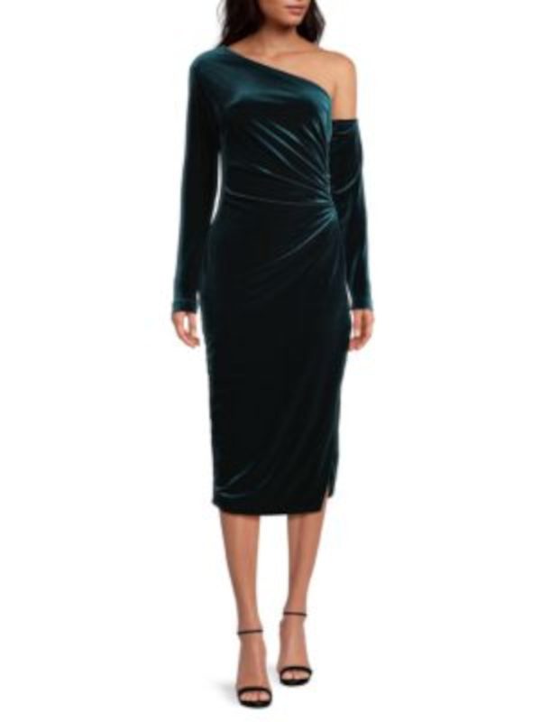 DONNA KARAN NEW YORK Womens Green Zippered Ruched Lined Long Sleeve Asymmetrical Neckline Midi Cocktail Sheath Dress Sale