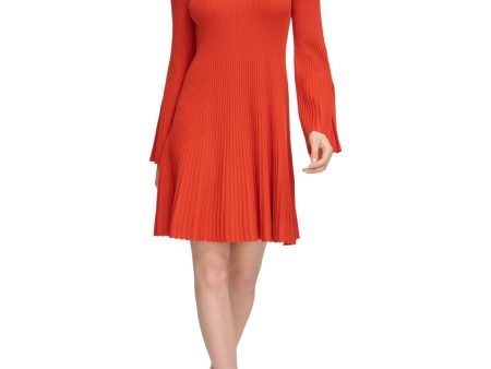 CALVIN KLEIN Womens Orange Ribbed Slit Sleeves Bell Sleeve Jewel Neck Above The Knee Sweater Dress For Cheap