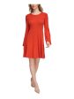 CALVIN KLEIN Womens Orange Ribbed Slit Sleeves Bell Sleeve Jewel Neck Above The Knee Sweater Dress For Cheap