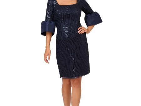 ADRIANNA PAPELL Womens Navy Sequined Zippered Lined Lace Bell Sleeve Square Neck Above The Knee Cocktail Sheath Dress For Discount