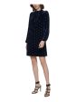 CALVIN KLEIN Womens Navy Stretch Zippered Gathered Velvet Lined Polka Dot Long Sleeve Tie Neck Short Party Shift Dress Fashion