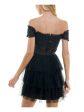 CITY STUDIO Womens Black Ruffled Zippered Layered Sheer Rib Cage Glitter Short Sleeve Off Shoulder Short Formal Fit + Flare Dress Sale