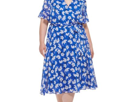 DKNY Womens Blue Zippered Sheer Ruffled Cuffs Tie Belt Lined Floral Short Sleeve Surplice Neckline Midi Wear To Work Faux Wrap Dress Fashion