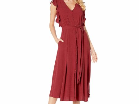 1. STATE Womens Maroon Ruffled Short Sleeve V Neck Midi Fit + Flare Dress Sale