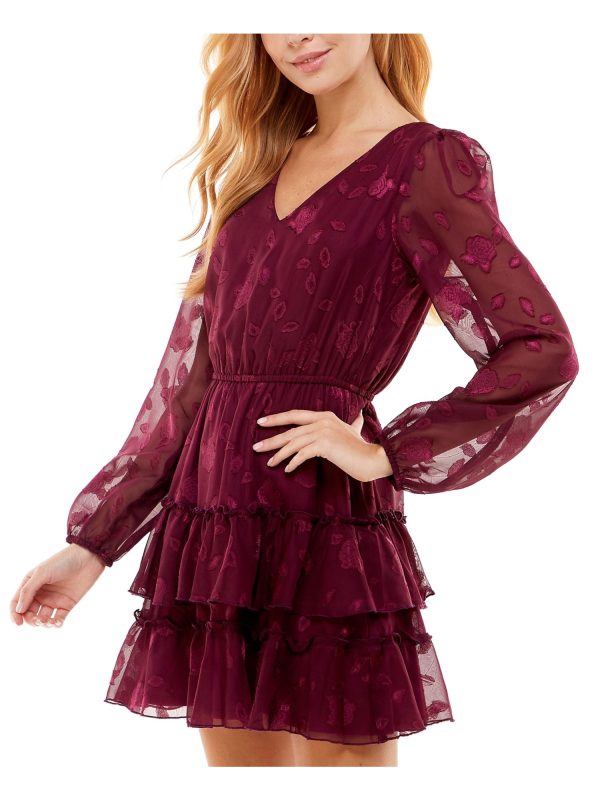 CITY STUDIO Womens Burgundy Lace Tie Waist Keyhole Back Closure Floral Balloon Sleeve V Neck Short Party Ruffled Dress Sale