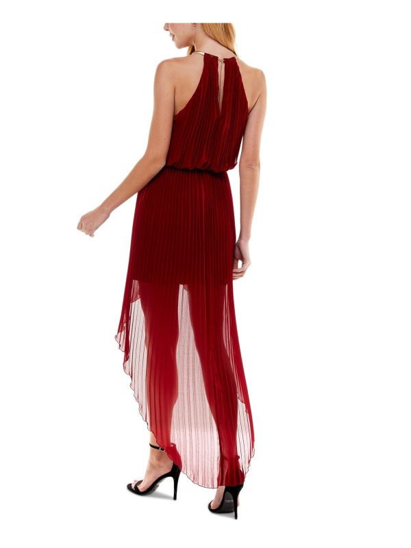 CITY STUDIO Womens Burgundy Pleated Necklace Trim High-low Hemline Sleeveless Halter Maxi Party Blouson Dress Online now