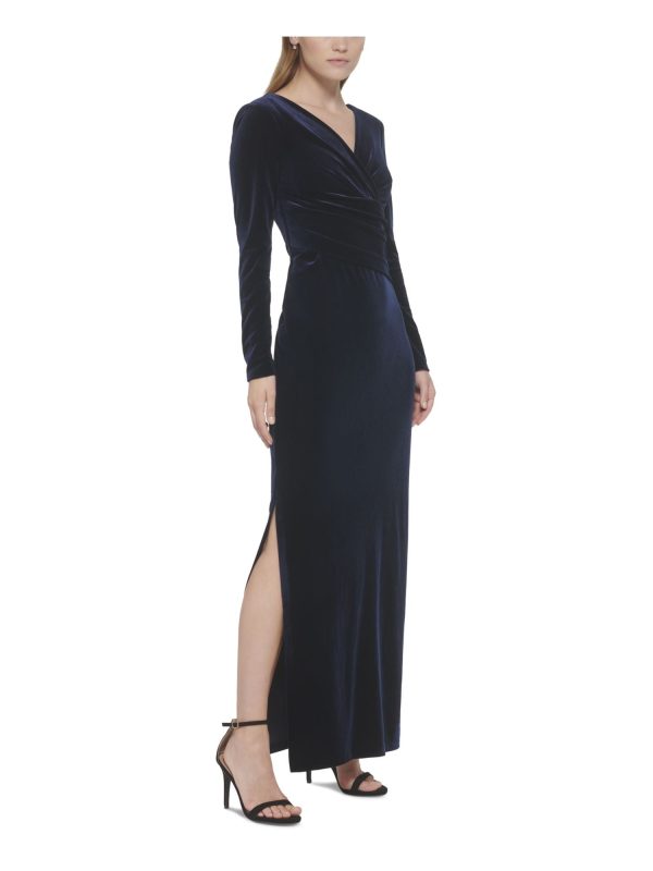 ELIZA J Womens Navy Zippered Lined Gathered Waist Long Sleeve Surplice Neckline Full-Length Evening Gown Dress Discount