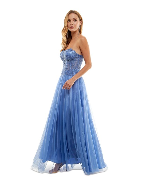 BCX Womens Blue Zippered Lined Embroidered Bustier Bodice Sleeveless Sweetheart Neckline Full-Length Formal Gown Dress For Discount