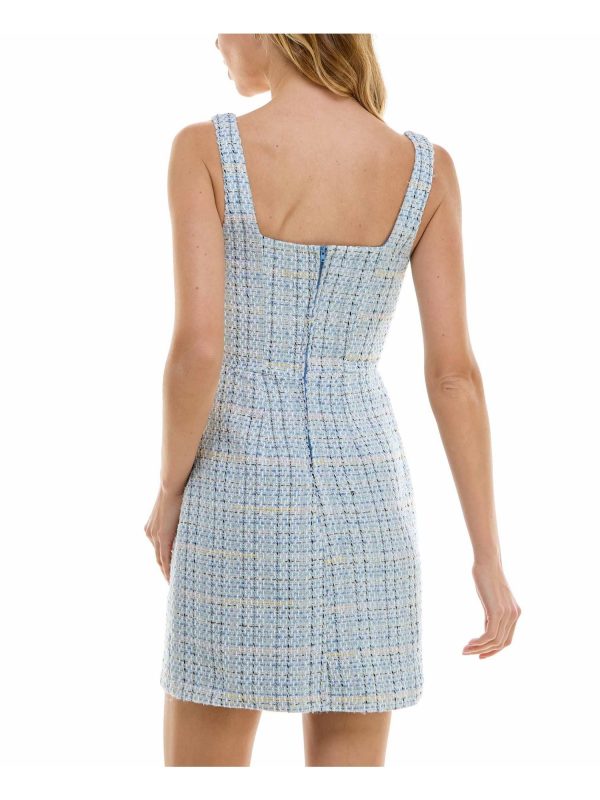 CITY STUDIO Womens Light Blue Zippered Lined Button Accents Metallic Detail Sleeveless Square Neck Short Party Sheath Dress For Discount