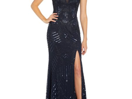 ADRIANNA PAPELL Womens Navy Beaded Zippered Thigh High Slit Lined Sleeveless V Neck Full-Length Formal Gown Dress Online Sale