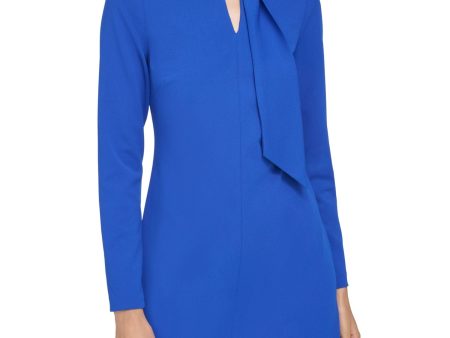 CALVIN KLEIN Womens Blue Pleated Lined Faux-tie Neck Long Sleeve Keyhole Above The Knee Party Shift Dress For Sale