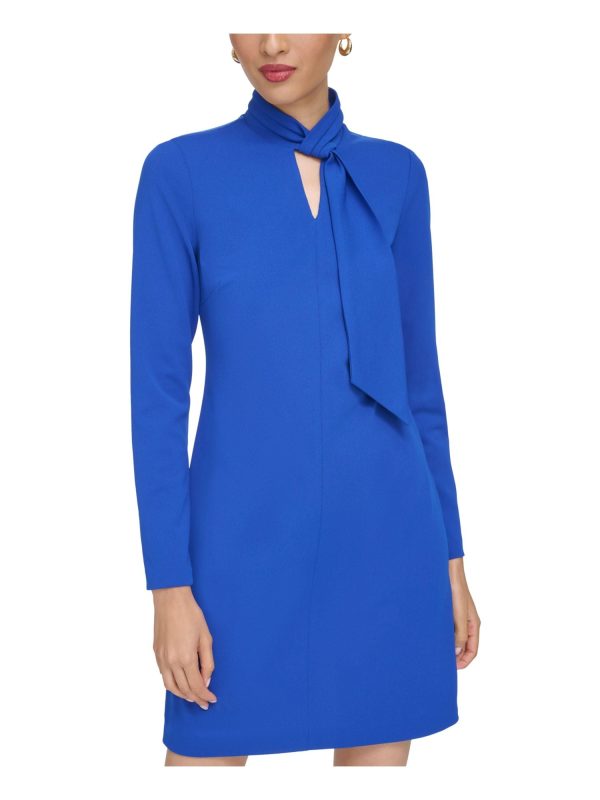 CALVIN KLEIN Womens Blue Pleated Lined Faux-tie Neck Long Sleeve Keyhole Above The Knee Party Shift Dress For Sale