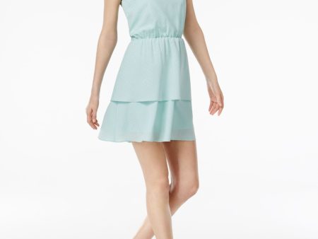 CR BY CYNTHIA ROWLEY Womens Aqua Polka Dot Sleeveless Crew Neck Above The Knee Fit + Flare Dress Sale