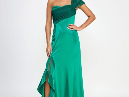 VIOLET WEEKEND Womens Green Zippered Unlined Ruffled Slit Mesh Sash Glitter Sleeveless Asymmetrical Neckline Full-Length Formal Gown Dress Online