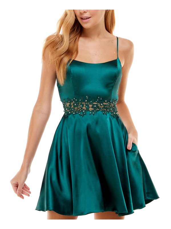 CITY STUDIO Womens Green Zippered Pocketed Embellished Applique-waist Spaghetti Strap Boat Neck Short Party Fit + Flare Dress Hot on Sale