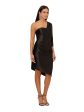 AIDAN AIDAN MATTOX Womens Black Pleated Zippered Asymmetric Hem Lined 3 4 Sleeve Asymmetrical Neckline Below The Knee Evening Sheath Dress Sale