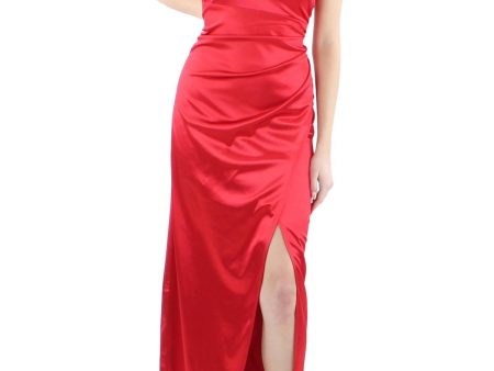 EMERALD SUNDAE Womens Red Stretch Slitted Gathered Pullover Padded Sleeveless Asymmetrical Neckline Full-Length Cocktail Gown Dress For Sale