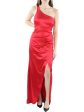 EMERALD SUNDAE Womens Red Stretch Slitted Gathered Pullover Padded Sleeveless Asymmetrical Neckline Full-Length Cocktail Gown Dress For Sale