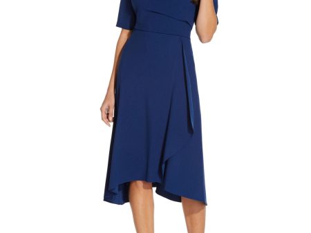 ADRIANNA PAPELL Womens Navy Short Sleeve Asymmetrical Neckline Evening Fit + Flare Dress Cheap