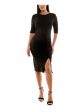 B DARLIN Womens Black Zippered Ruched Slitted Elbow Sleeve Jewel Neck Knee Length Party Body Con Dress For Discount