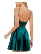 CITY STUDIO Womens Green Zippered Pocketed Embellished Applique-waist Spaghetti Strap Boat Neck Short Party Fit + Flare Dress Hot on Sale