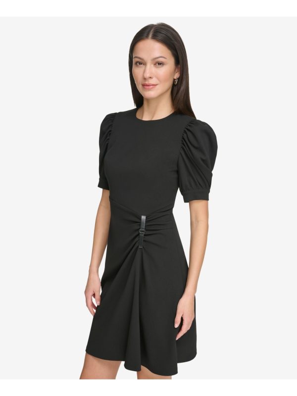 DKNY Womens Black Zippered Ruched Buckle Detail Pouf Sleeve Round Neck Above The Knee Wear To Work Sheath Dress Online Sale