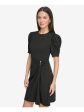 DKNY Womens Black Zippered Ruched Buckle Detail Pouf Sleeve Round Neck Above The Knee Wear To Work Sheath Dress Online Sale