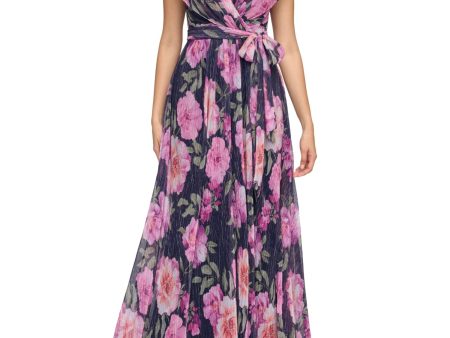 ELIZA J Womens Purple Zippered Lined Micro-pleats Back Strap Tie-belt Cap Sleeve Surplice Neckline Maxi Party Fit + Flare Dress Hot on Sale