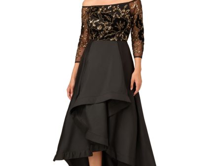 ADRIANNA PAPELL Womens Black Beaded Zippered Pleated Pocketed Hi-lo Skirt 3 4 Sleeve Off Shoulder Full-Length Formal Gown Dress Supply