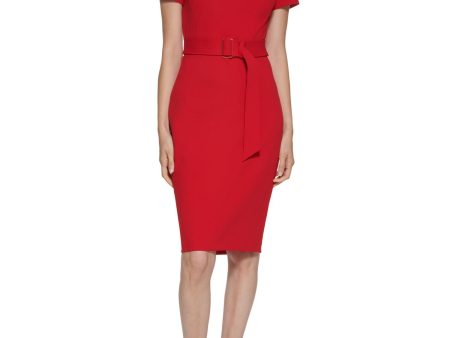 CALVIN KLEIN Womens Red Stretch Zippered Belted Shoulder Pads Unlined Darted Short Sleeve Round Neck Above The Knee Wear To Work Sheath Dress Supply