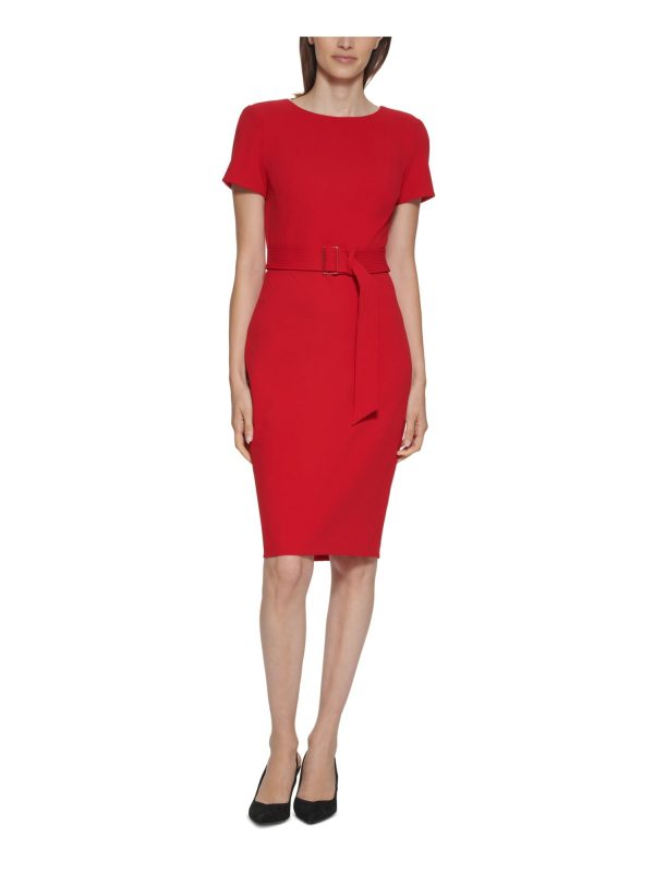 CALVIN KLEIN Womens Red Stretch Zippered Belted Shoulder Pads Unlined Darted Short Sleeve Round Neck Above The Knee Wear To Work Sheath Dress Supply