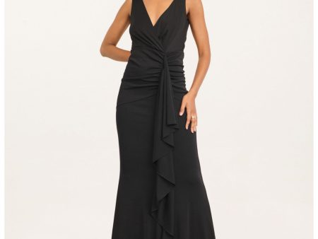 DONNA KARAN NEW YORK Womens Black Zippered Ruched Cascading Ruffle Lined Sleeveless Surplice Neckline Full-Length Evening Gown Dress For Discount