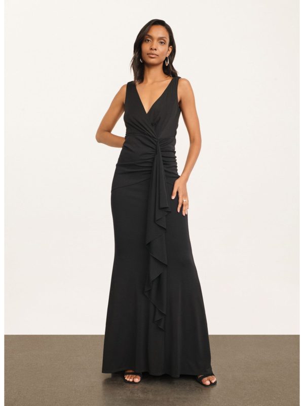 DONNA KARAN NEW YORK Womens Black Zippered Ruched Cascading Ruffle Lined Sleeveless Surplice Neckline Full-Length Evening Gown Dress For Discount