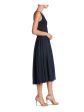 DRESS THE POPULATION Womens Navy Zippered Fringed Lace Hem Lined V Back Sleeveless V Neck Midi Party Fit + Flare Dress Sale