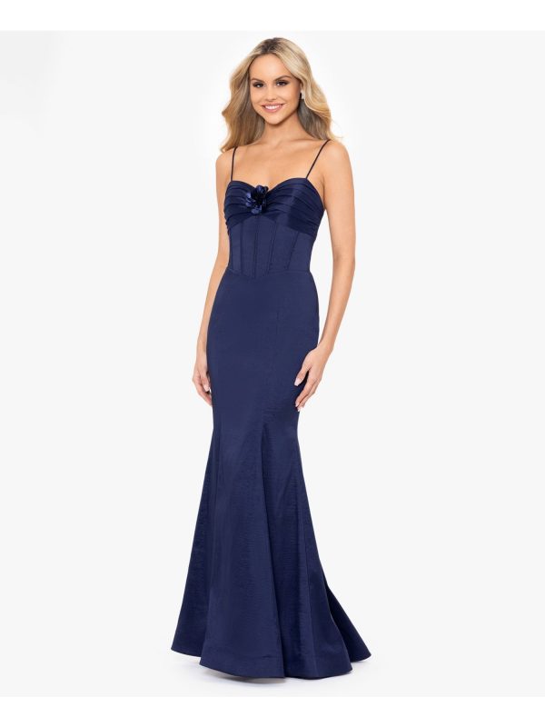 BLONDIE NITES Womens Navy Zippered Adjustable Open Lace Up Back Floral Accent Spaghetti Strap Sweetheart Neckline Full-Length Formal Gown Dress Supply