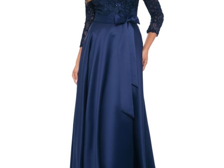 XSCAPE Womens Navy Zippered Lined Wrap Skirt Tie-waist 3 4 Sleeve V Neck Full-Length Formal Gown Dress Hot on Sale