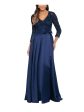 XSCAPE Womens Navy Zippered Lined Wrap Skirt Tie-waist 3 4 Sleeve V Neck Full-Length Formal Gown Dress Hot on Sale