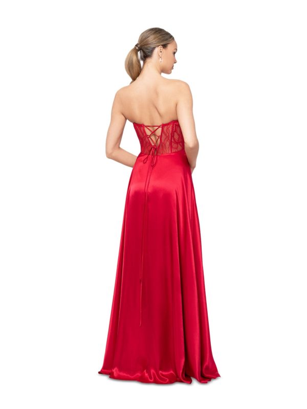 BLONDIE NITES Womens Red Zippered Rhinestone Lace Up Back Illusion-detail Floral Sleeveless Sweetheart Neckline Full-Length Formal Gown Dress Online