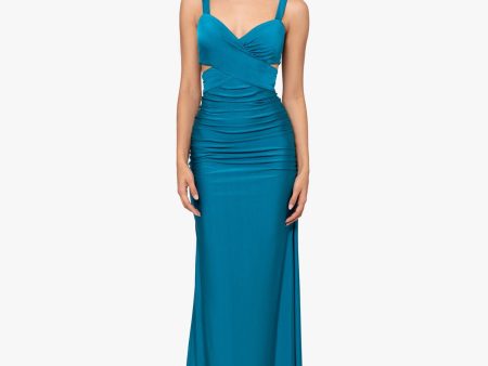 BLONDIE NITES Womens Teal Ruched Zippered Tie Open-back Cutout Sides Lined Sleeveless V Neck Full-Length Formal Gown Dress For Cheap