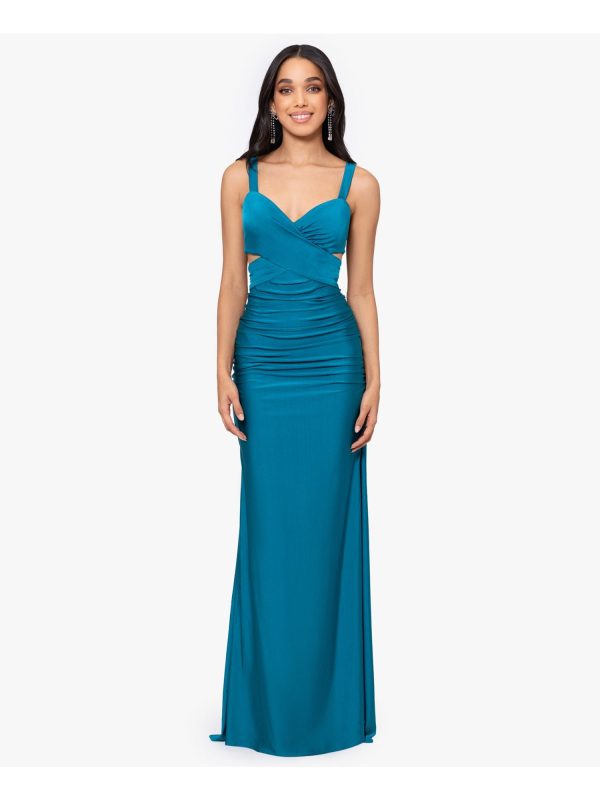 BLONDIE NITES Womens Teal Ruched Zippered Tie Open-back Cutout Sides Lined Sleeveless V Neck Full-Length Formal Gown Dress For Cheap