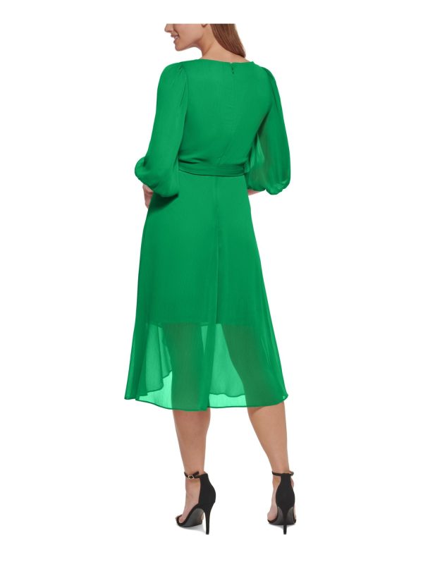 DKNY Womens Green Pleated Zippered Tie-belt Hi-low Hem Lined 3 4 Sleeve Surplice Neckline Midi Wear To Work Faux Wrap Dress Online Sale