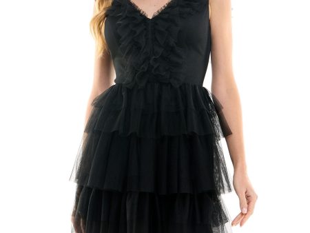 CITY STUDIO Womens Black Mesh Ruffled Zippered V-back Tiered Skirt Sleeveless V Neck Short Party Fit + Flare Dress Fashion