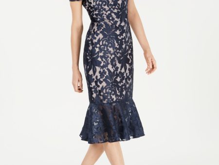 CALVIN KLEIN Womens Nylon Embellished Floral Short Sleeve Off Shoulder Below The Knee Evening Sheath Dress Online now