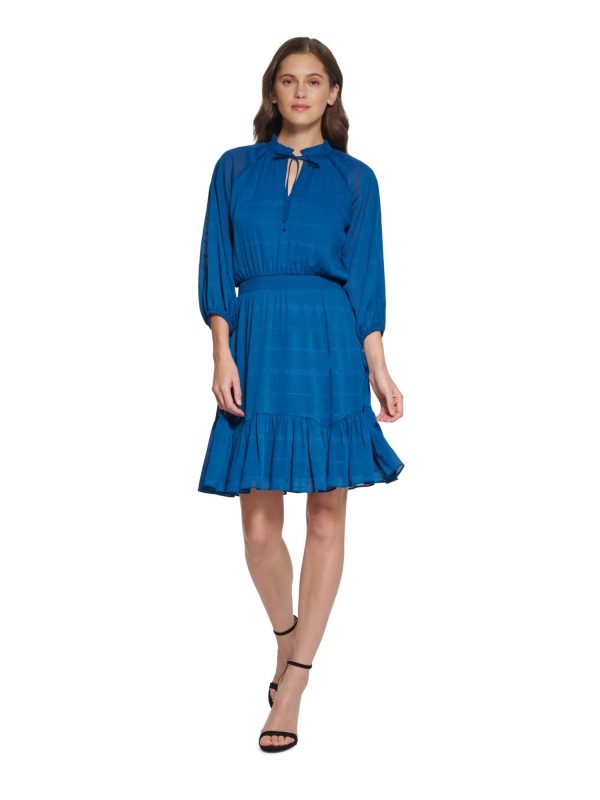 DKNY Womens Blue Ruffled Tie Smocked Waist Lined Pullover Striped 3 4 Sleeve Split Above The Knee Wear To Work Fit + Flare Dress on Sale