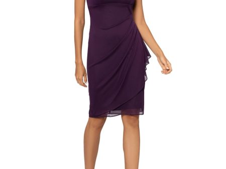 XSCAPE Womens Purple Zippered Lined Cap Sleeve Round Neck Knee Length Party Sheath Dress For Cheap