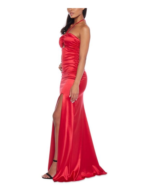 B DARLIN Womens Red Zippered Sleeveless Halter Full-Length Prom Gown Dress For Discount