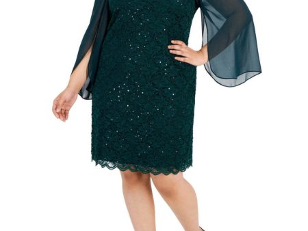 CONNECTED APPAREL Womens Green Embellished Lined Pull On Slit Long Sleeve Scallop Flutter Sleeve Scoop Neck Above The Knee Party Shift Dress For Sale