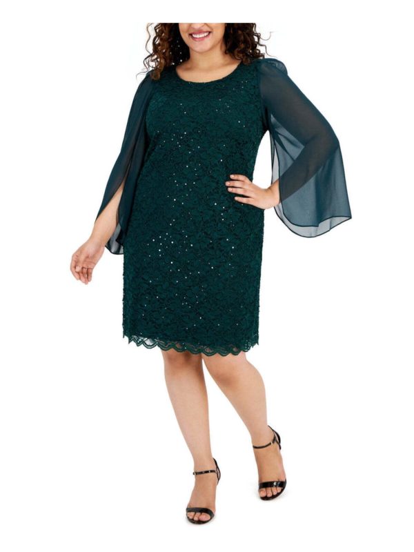 CONNECTED APPAREL Womens Green Embellished Lined Pull On Slit Long Sleeve Scallop Flutter Sleeve Scoop Neck Above The Knee Party Shift Dress For Sale