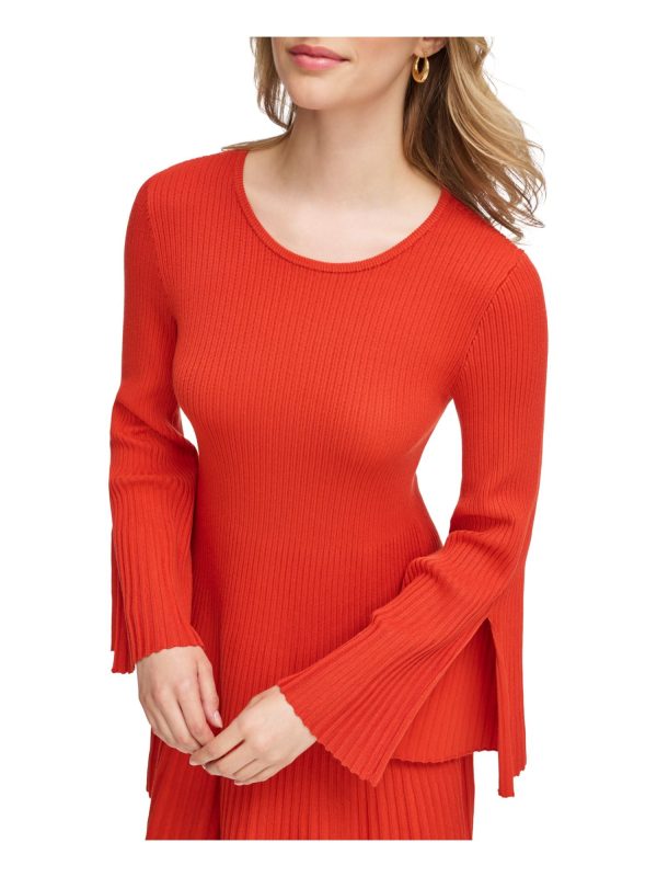 CALVIN KLEIN Womens Orange Ribbed Slit Sleeves Bell Sleeve Jewel Neck Above The Knee Sweater Dress For Cheap